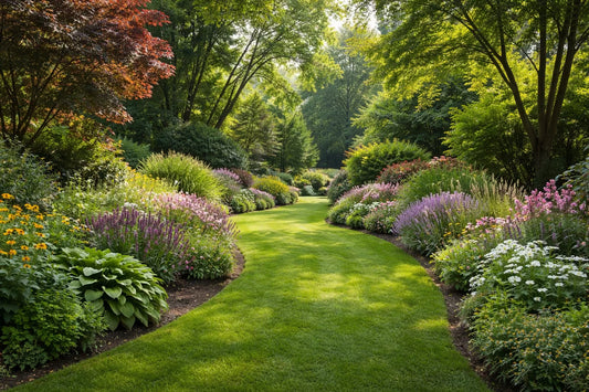 Lush TN Nursery garden path winding through vibrant flowers and foliage