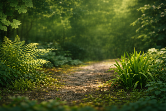 Sun-dappled path winds through lush TN Nursery forest with ferns