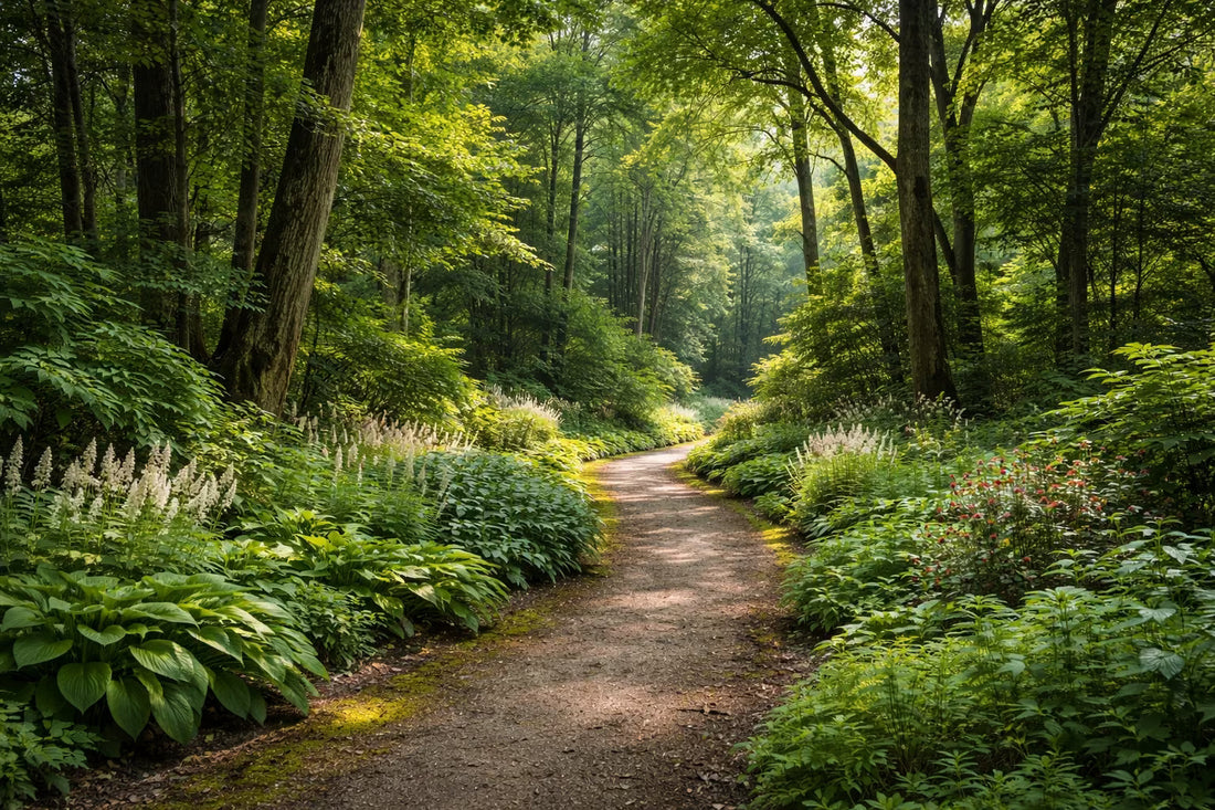 Winding dirt path through lush TN Nursery forest with white flowers