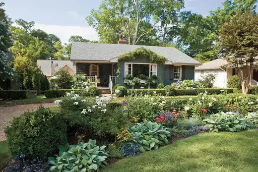 Charming single-story garden house with dark green siding and ivy porch