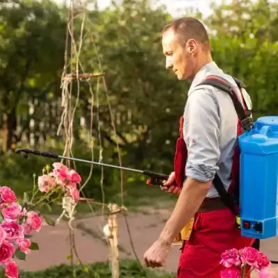 Man in red overalls using blue backpack sprayer to prevent black mold