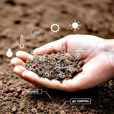 Hand holding nutrient-rich dark soil with science symbols for gardening