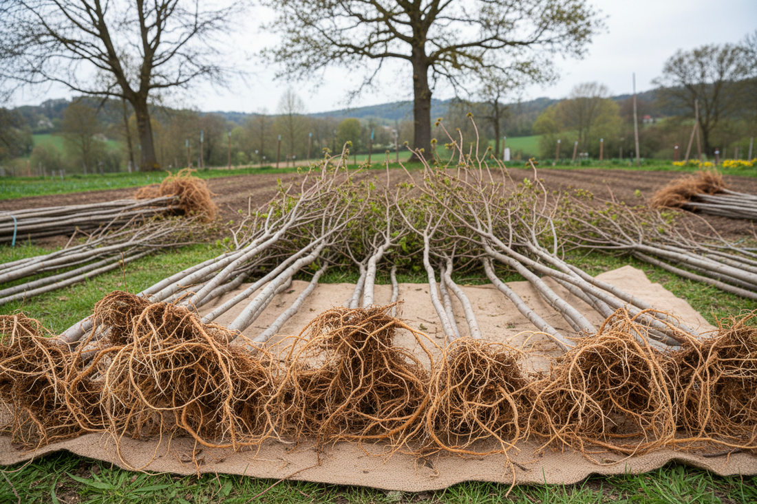 Bare-root saplings with tangled roots on burlap in field