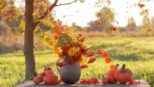 Rustic gray vase with vibrant orange yellow red autumn perennial bouquet