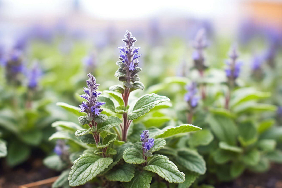 Purple Ajuga flowering plant with soft serrated green leaves