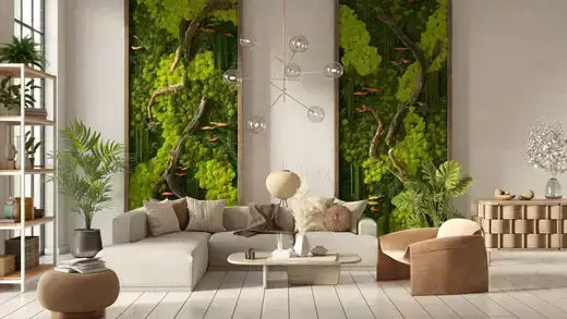 Lush vertical green wall with dense foliage in stunning moss garden living room