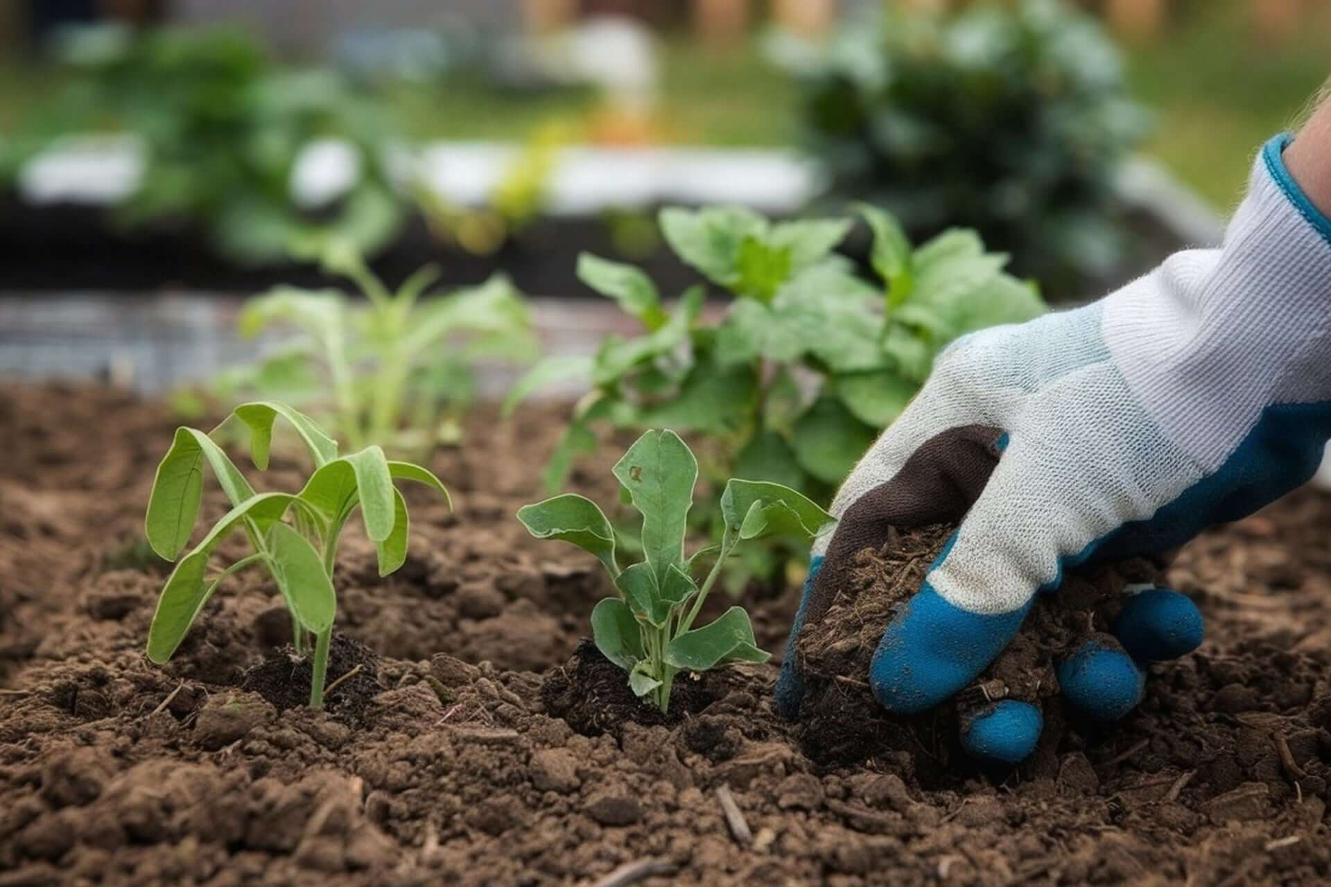 Blue and white gardening glove with textured fabric and rubberized fingertips for spring gardening