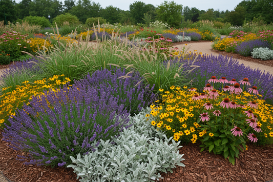 Vibrant deer-resistant Tennessee garden: lavender, coneflowers, sage