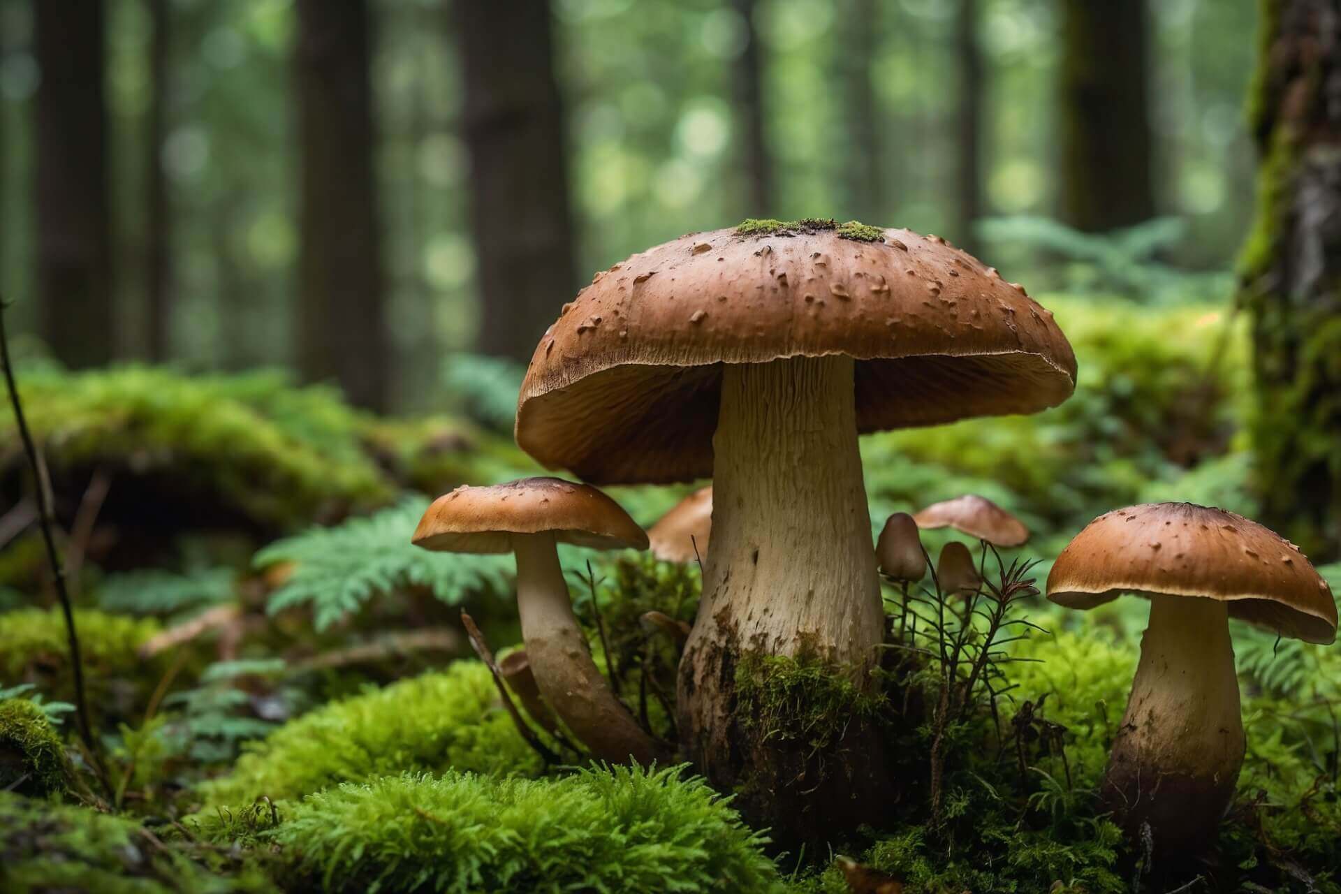 Brown speckled mushroom on vibrant moss in forest, Moss Fun Facts