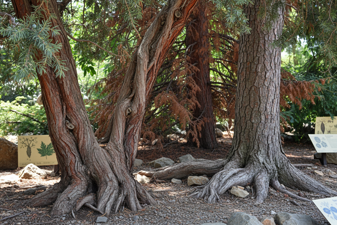Two hardy reddish-brown cedar trunks with textured bark in Tennessee garden