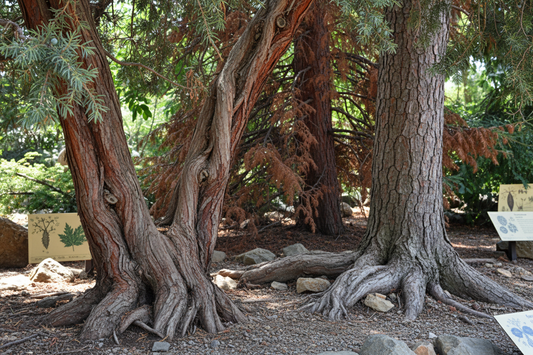 Two hardy reddish-brown cedar trunks with textured bark in Tennessee garden