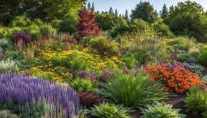Vibrant garden of native plants bursting with colorful flowers and greenery