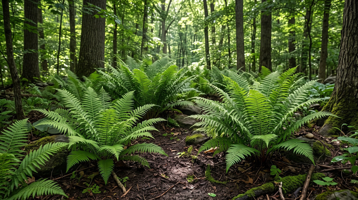 Lush green ferns growing in a shaded garden bed under dappled light