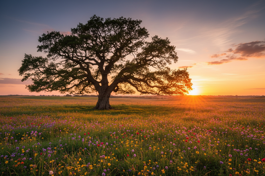 Majestic native oak tree in wildflower meadow at sunset