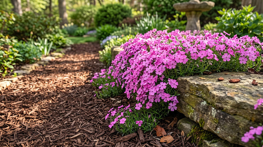 Pink creeping phlox in full bloom spilling over weathered stone
