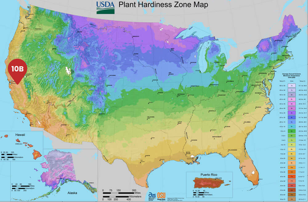 USDA plant hardiness zone map highlighting zone 10b in California
