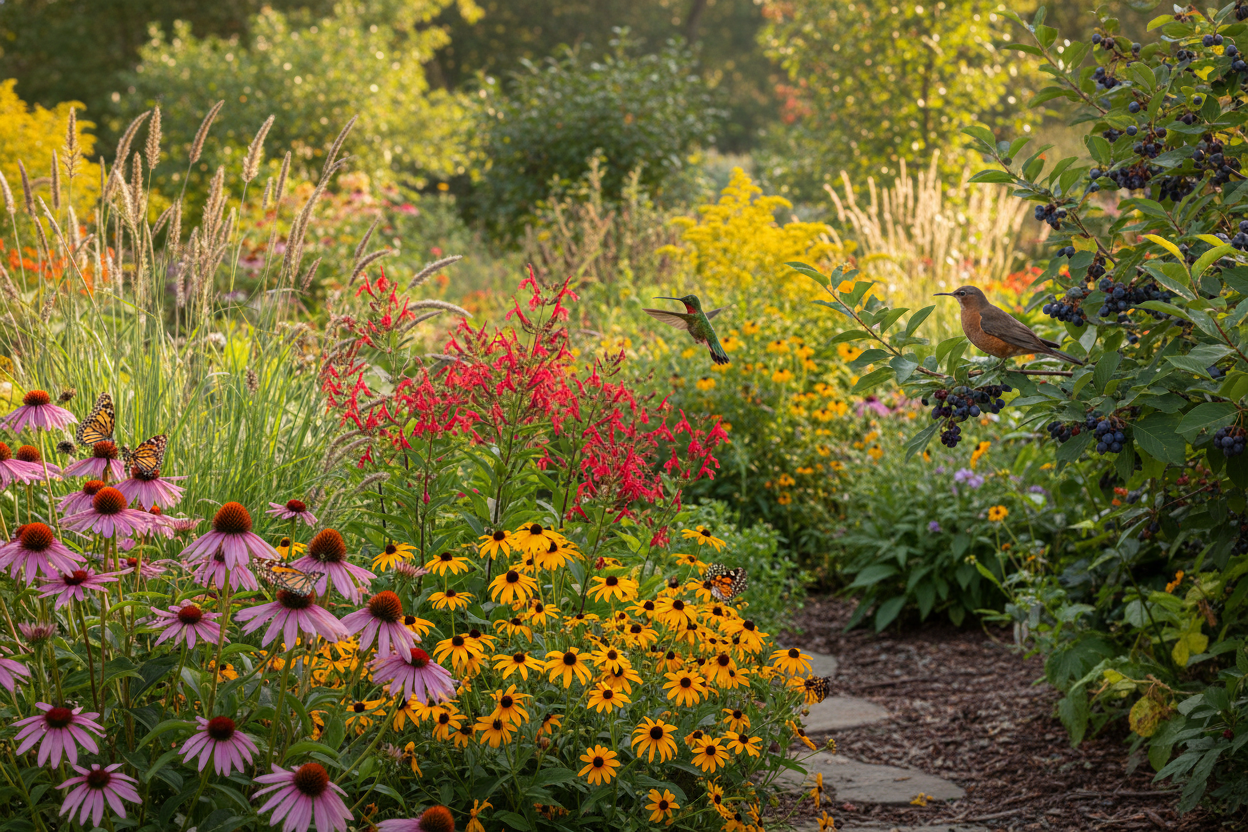 Vibrant wildlife garden with pink coneflowers, black-eyed susans, salvia, butterflies, hummingbirds