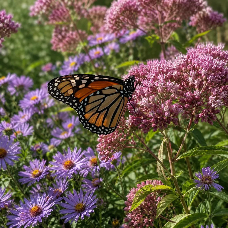 Monarch butterfly on pink clustered flowers with purple asters in background - TN Nursery