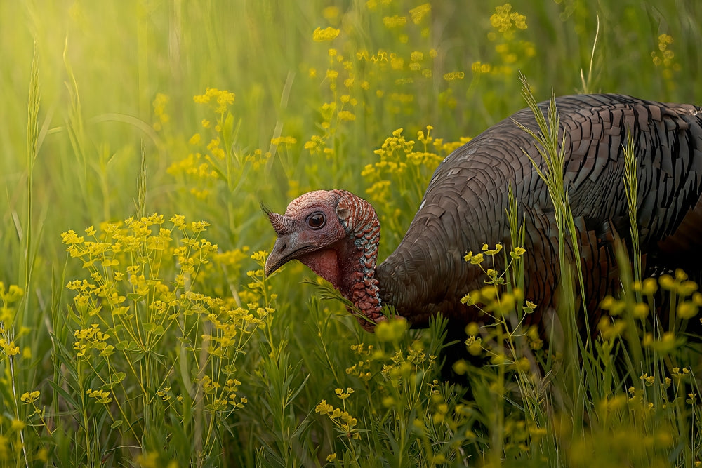 Wild turkey with mottled brown black feathers in Wildlife Friendly Plants