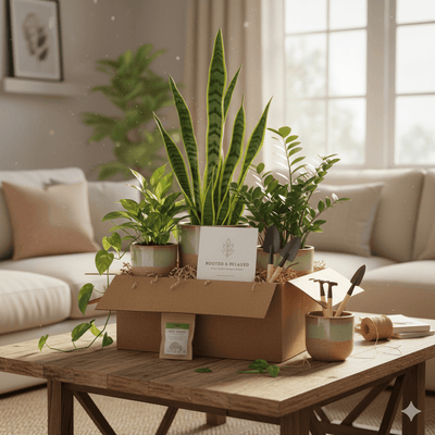 Tall green snake plant with yellow stripes in beige pot on box, Plant Subscriptions