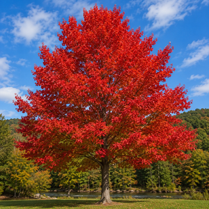 Tall autumn tree with vibrant orange and red leaves in grassy park