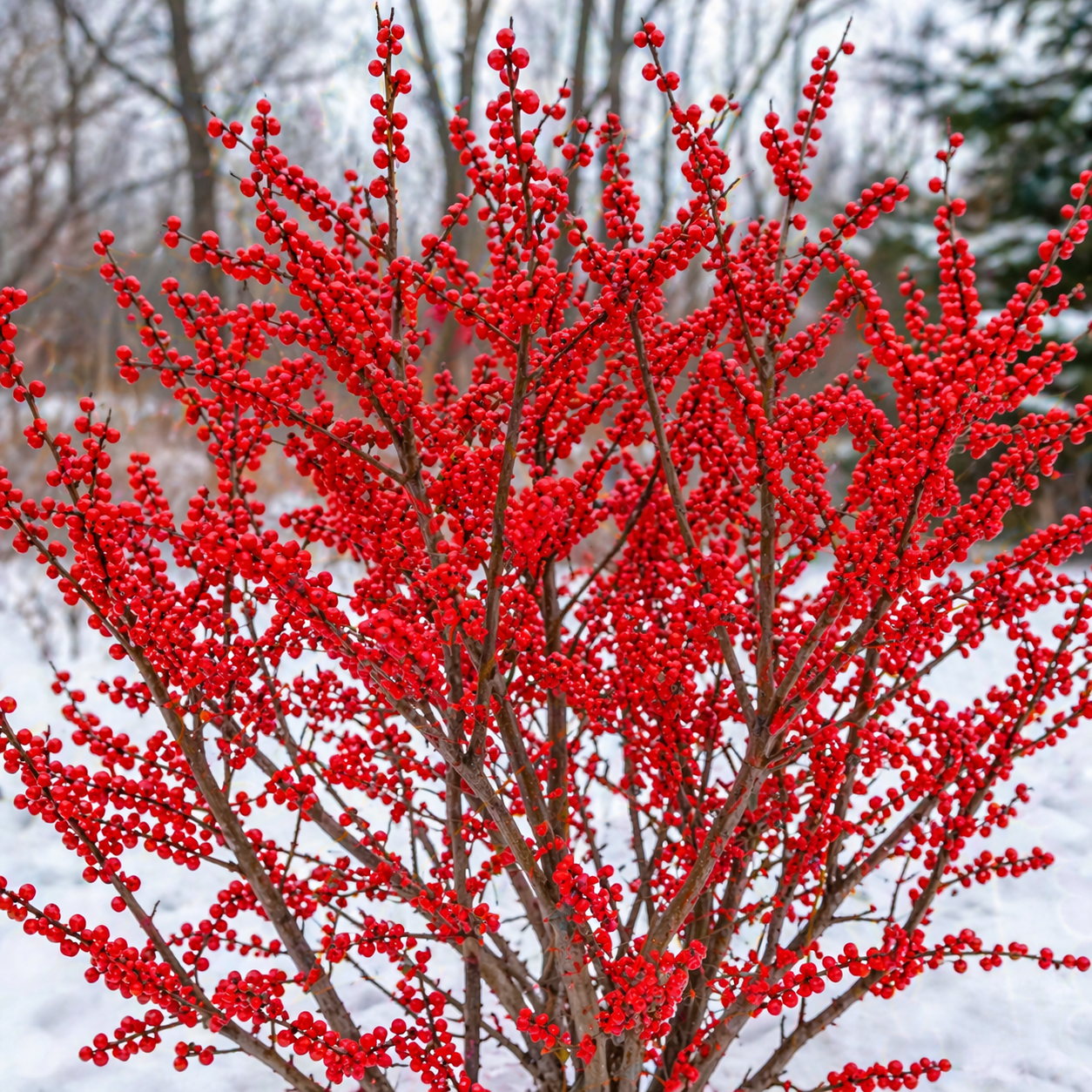A vibrant red winterberry holly bush with dense clusters of glossy round berries on slender brown branches