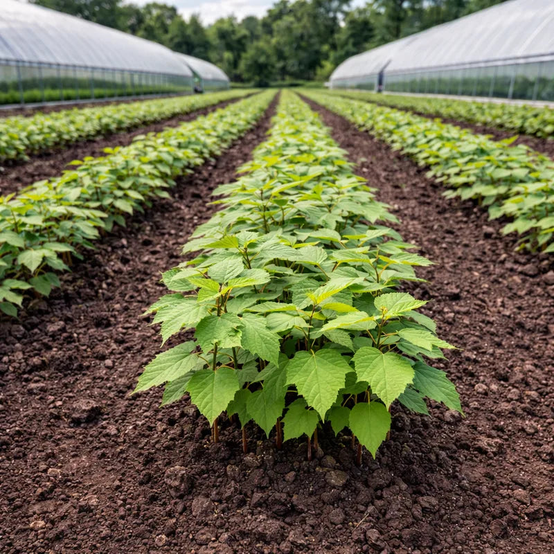Young hop plants growing in rows inside greenhouse tunnels with rich brown soil - TN Nursery