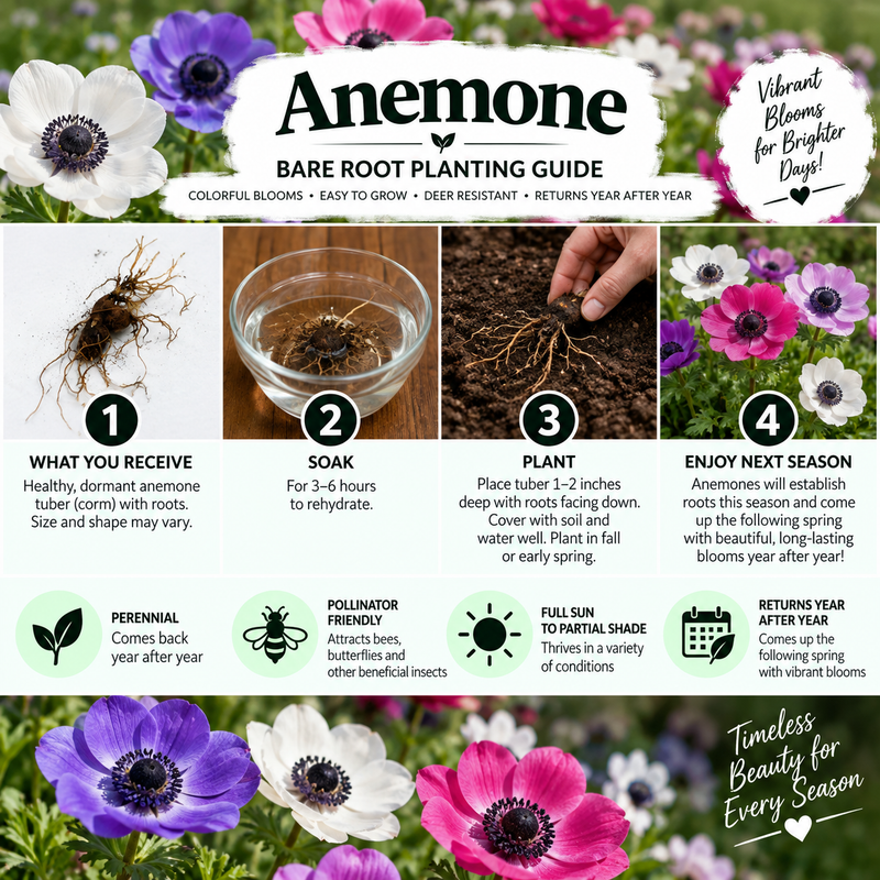 Anemone Bare Root Planting Guide infographic with four numbered steps, flower photos, and growing information on a white background with floral borders.