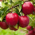 Vibrant red apples with glossy skin and dewdrops on Apple Fruit Tree branch