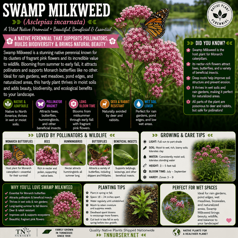 An educational infographic poster about Swamp Milkweed (Asclepias incarnata) featuring a large central flower, a monarch butterfly, a monarch and swamp milkweed butterfly pair, care instructions, planting tips, and grower contact info.