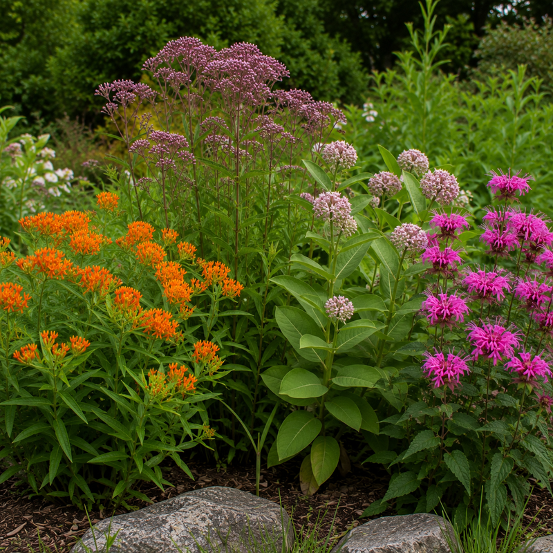 A lush garden bed filled with blooming flowers, including bright orange clusters, pink-purple flowers, and green foliage, with rocks at the base and a dense green background.
