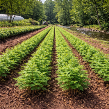 Rows of vibrant green Bald Cypress seedlings in neat field lines