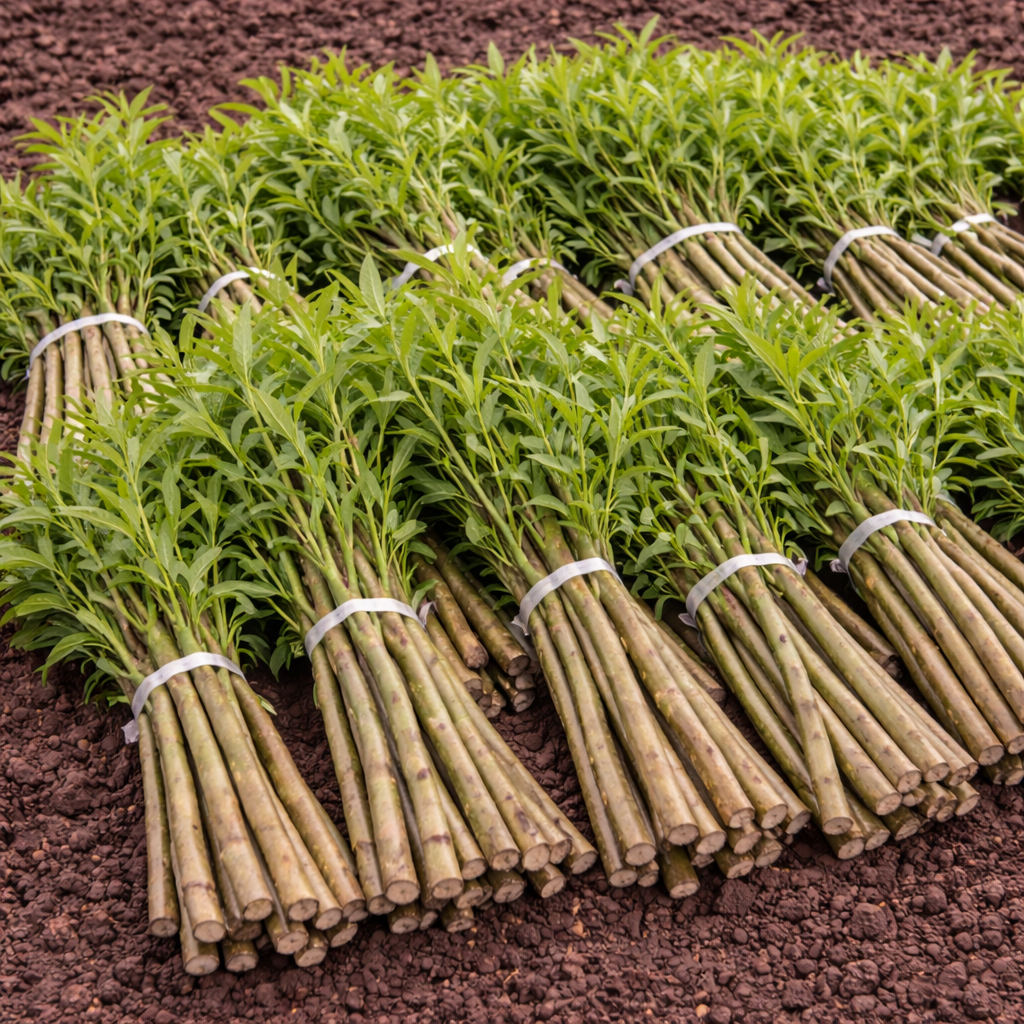 Bundles of black willow stakes with vibrant green foliage and slender stems
