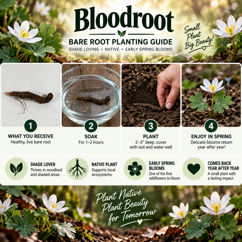 An informational Bare Root Planting Guide poster for Bloodroot, showing four numbered steps: what the buyer receives, soaking the root, planting, and enjoying spring blooms. The design features a natural woodland theme with photos of white Bloodroot flowers, green foliage, and a bare root, set against a light beige background with bold black and green text.