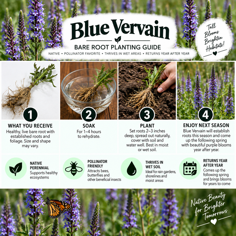 A Blue Vervain Bare Root Planting Guide infographic showing four numbered steps: what you receive, soak, plant, and enjoy next season. The top features the Blue Vervain logo and text, while the bottom displays purple flowers with green leaves and icons indicating native perennial benefits.