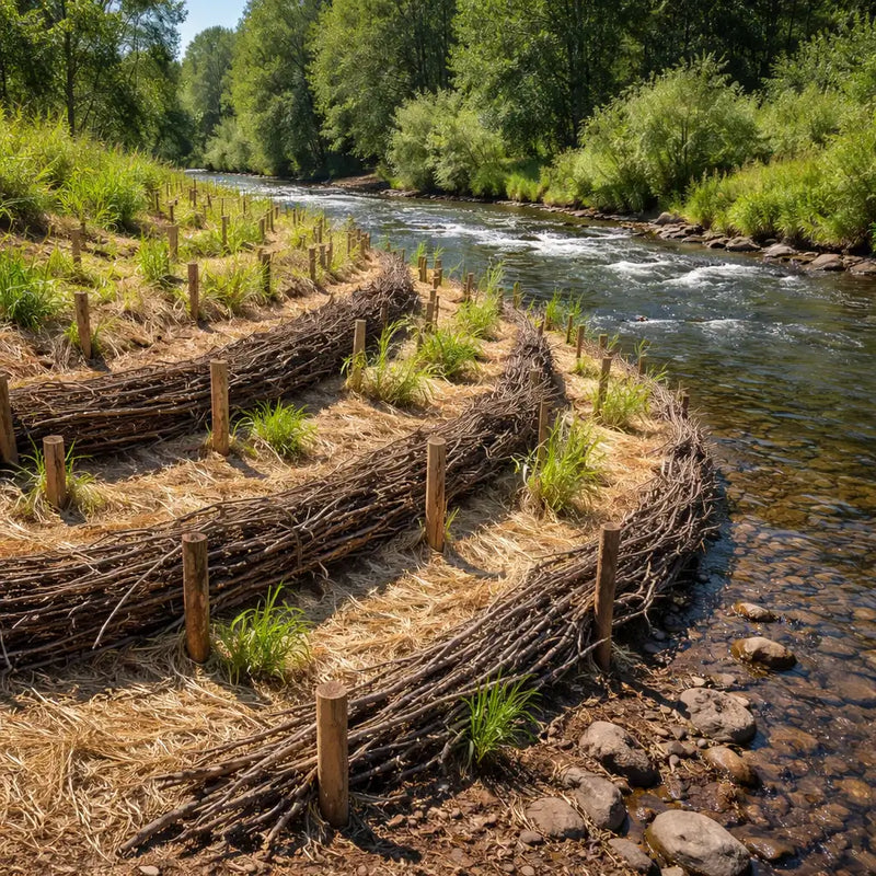 Natural woven twig brush layer bundles with wooden posts forming barriers along a riverbank for erosion control
