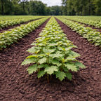 Rows of vibrant Burr Oak seedlings with broad green leaves in dark soil