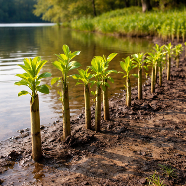 Young Buttonbush live stakes: green saplings in muddy soil by calm lake