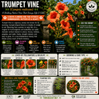 An educational infographic poster about Trumpet Vine (Campsis radicans), featuring a large photograph of vibrant orange trumpet-shaped flowers, detailed text sections, and icons explaining its characteristics, pollinators, growth, and care.