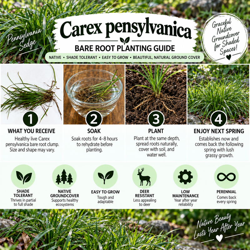 An informational graphic titled 'Carex pensylvanica Bare Root Planting Guide' for Carex Pennsylvania. The design features a step-by-step planting process with four numbered panels (1-4) and a list of benefits at the bottom.