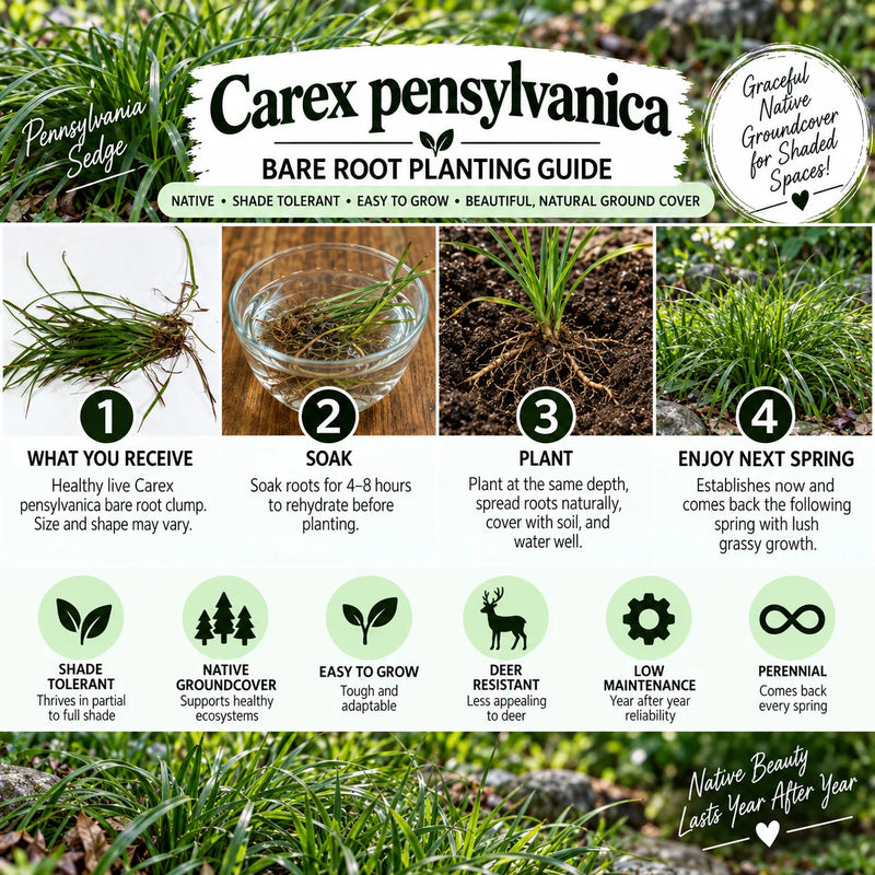 An informational graphic titled 'Carex pensylvanica Bare Root Planting Guide' for Carex Pennsylvania. The design features a step-by-step planting process with four numbered panels (1-4) and a list of benefits at the bottom.