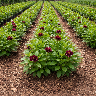 Rows of deep burgundy Calycanthus Floridus dahlia seedlings in lush green garden bed