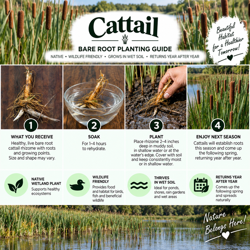 A four-step bare root planting guide infographic for Cattail, showing a close-up of a rhizome, soaking in water, planting in mud, and a hand holding a cattail stem. The graphic includes text descriptions, icons, and a brand logo for Cattail.