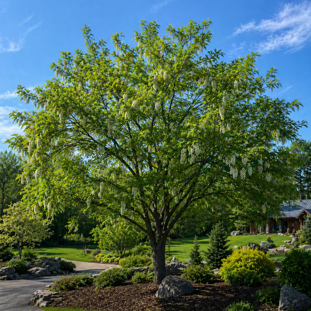 Black locust tree with lush green leaves and cascading clusters of delicate white blossoms in full bloom