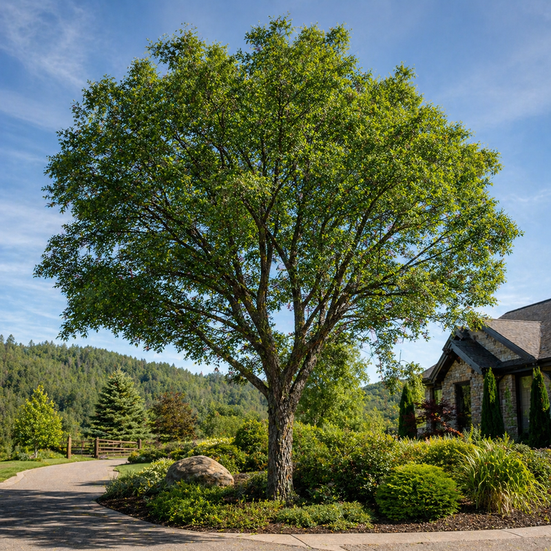 A lush green lace bark elm tree with a sturdy trunk and sprawling branches in a well-maintained garden