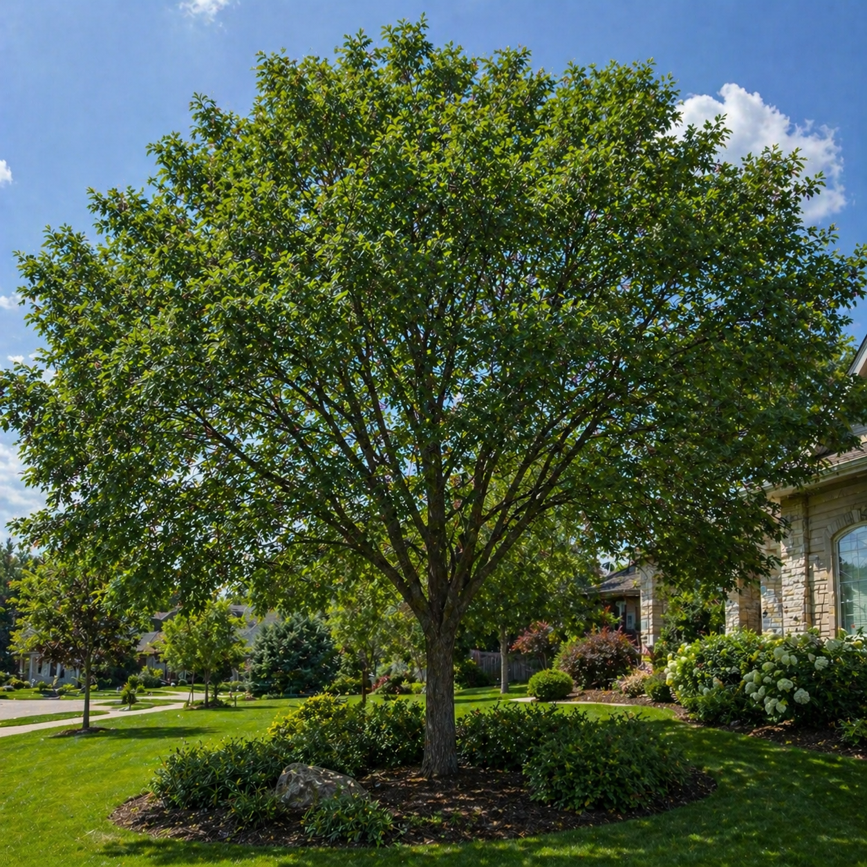 A lush cedar elm tree with a sturdy trunk and dense green foliage stands in a well-manicured lawn