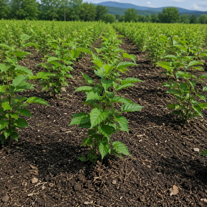 Young raspberry plants growing in rows in a cultivated field with mountains in the background - TN Nursery