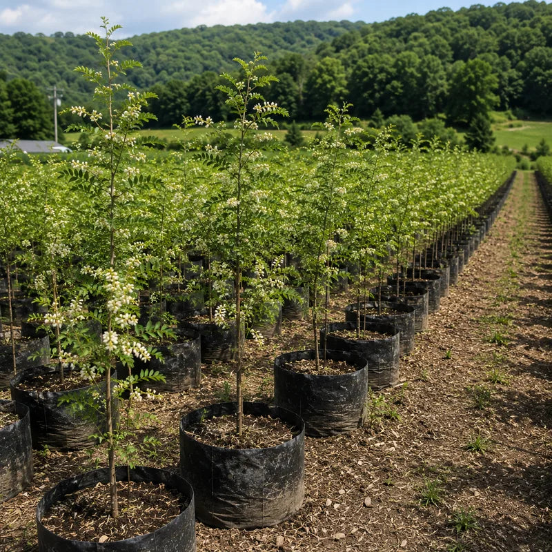 Young trees in black grow bags arranged in rows at a nursery, with forested hills in the background - TN Nursery