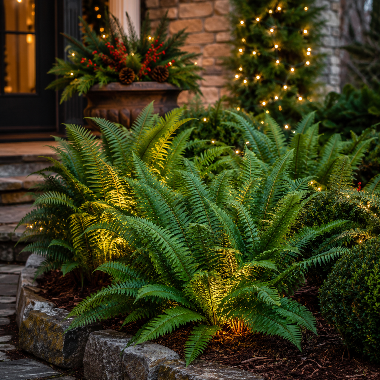 Lush green christmas fern with delicate feathery fronds thriving in a festive garden bed