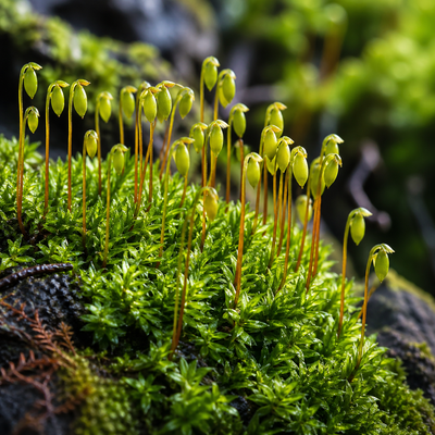 Haircap moss featuring vibrant green slender stems topped with small rounded yellow green capsules